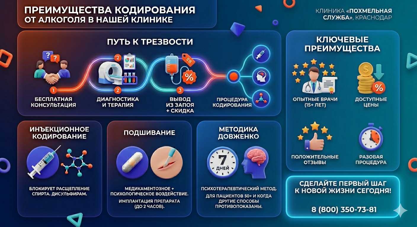 Инфографика о методах кодирования от алкоголя в Киришах: инъекции, подшивание, метод Довженко. Преимущества клиники и этапы лечения.