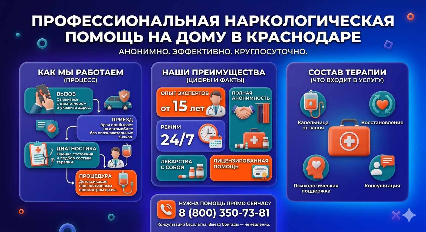Инфографика о принципах лечения алкоголизма на дому в Киришах: этапы вызова нарколога, преимущества анонимной детоксикации и состав медицинской помощи.